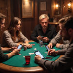 Diverse group playing poker using poker club app on smartphones