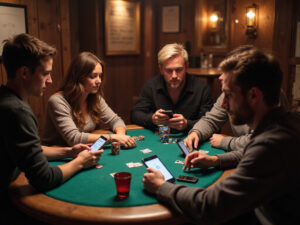 Diverse group playing poker using poker club app on smartphones